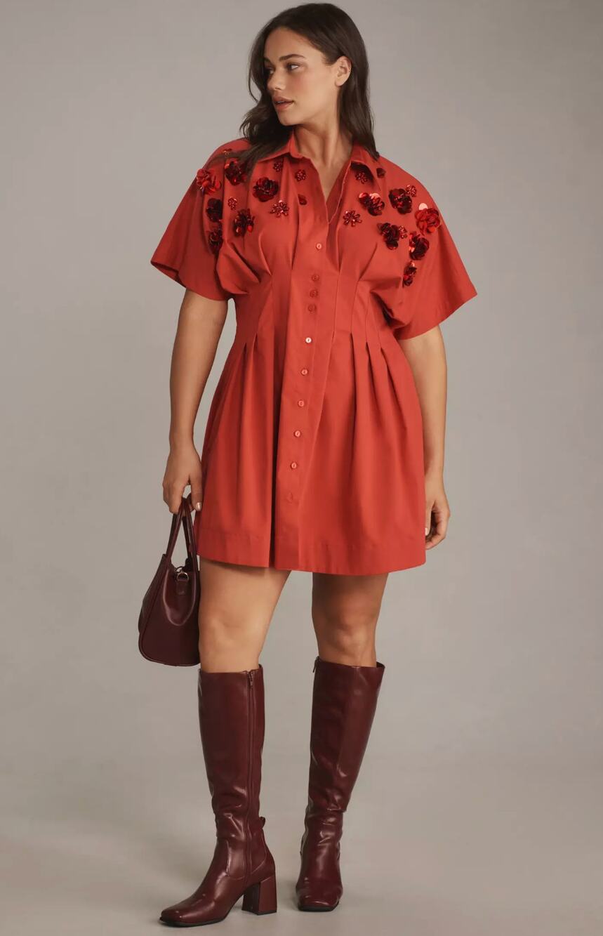 EXQUISE The Tobie Button Front Pleated Red Shirt Dress: Sequin Edition Size XL